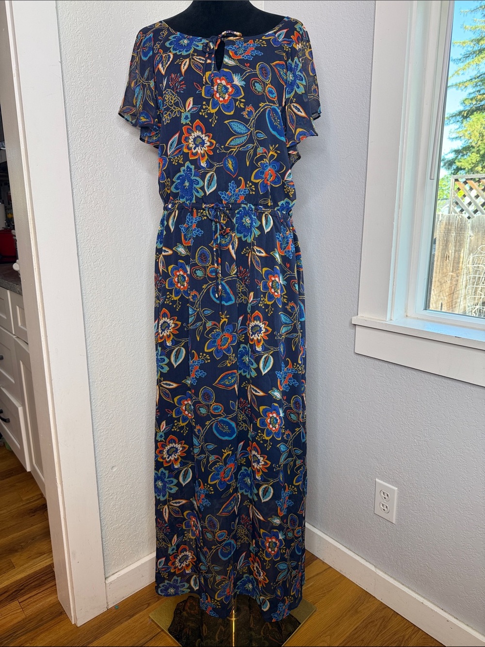 A New Day size XXL Navy Floral Chiffon Maxi Dress Flutter Sleeve Boho NWT